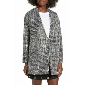 Leith Coat Black White Tweed Fray Cocoon Single Button Lined